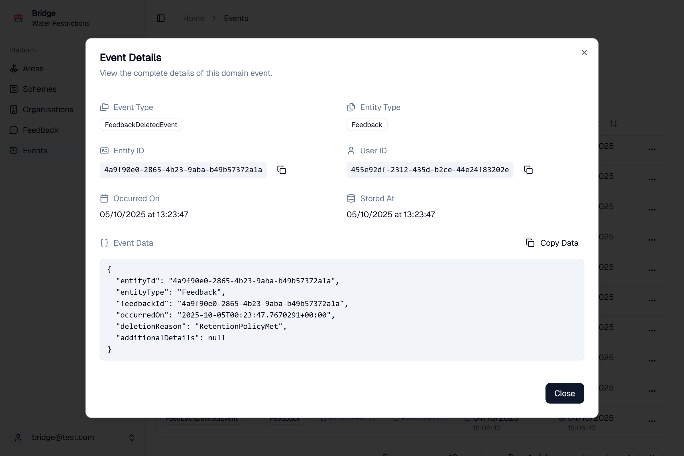 Bridge event details screenshot