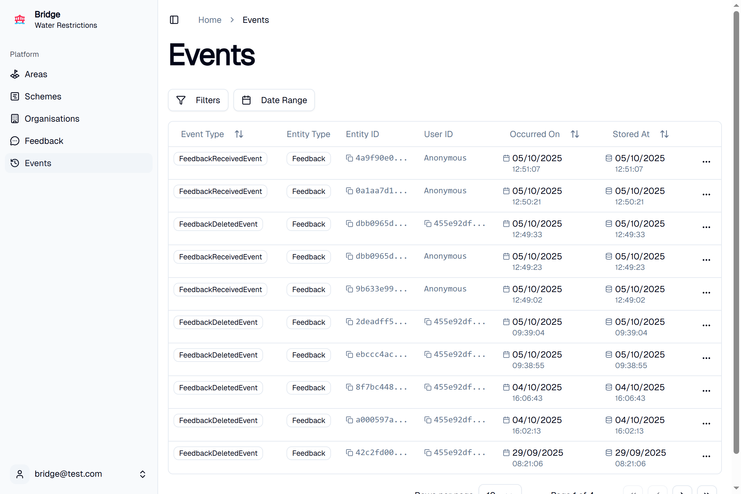 Bridge events screenshot