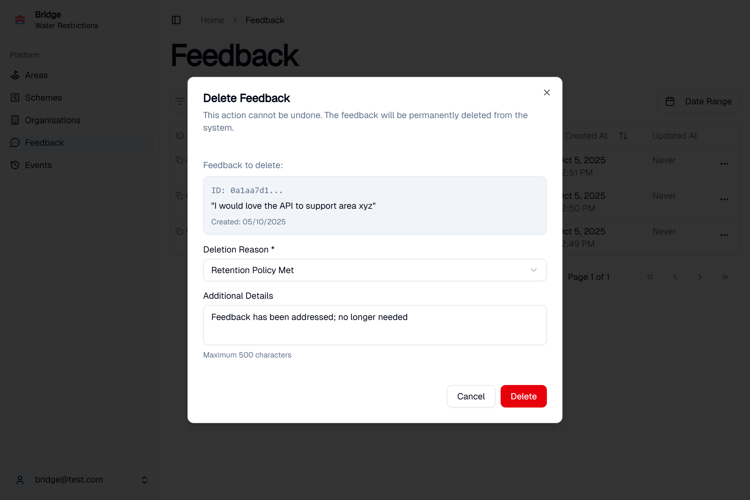 Bridge feedback modal screenshot