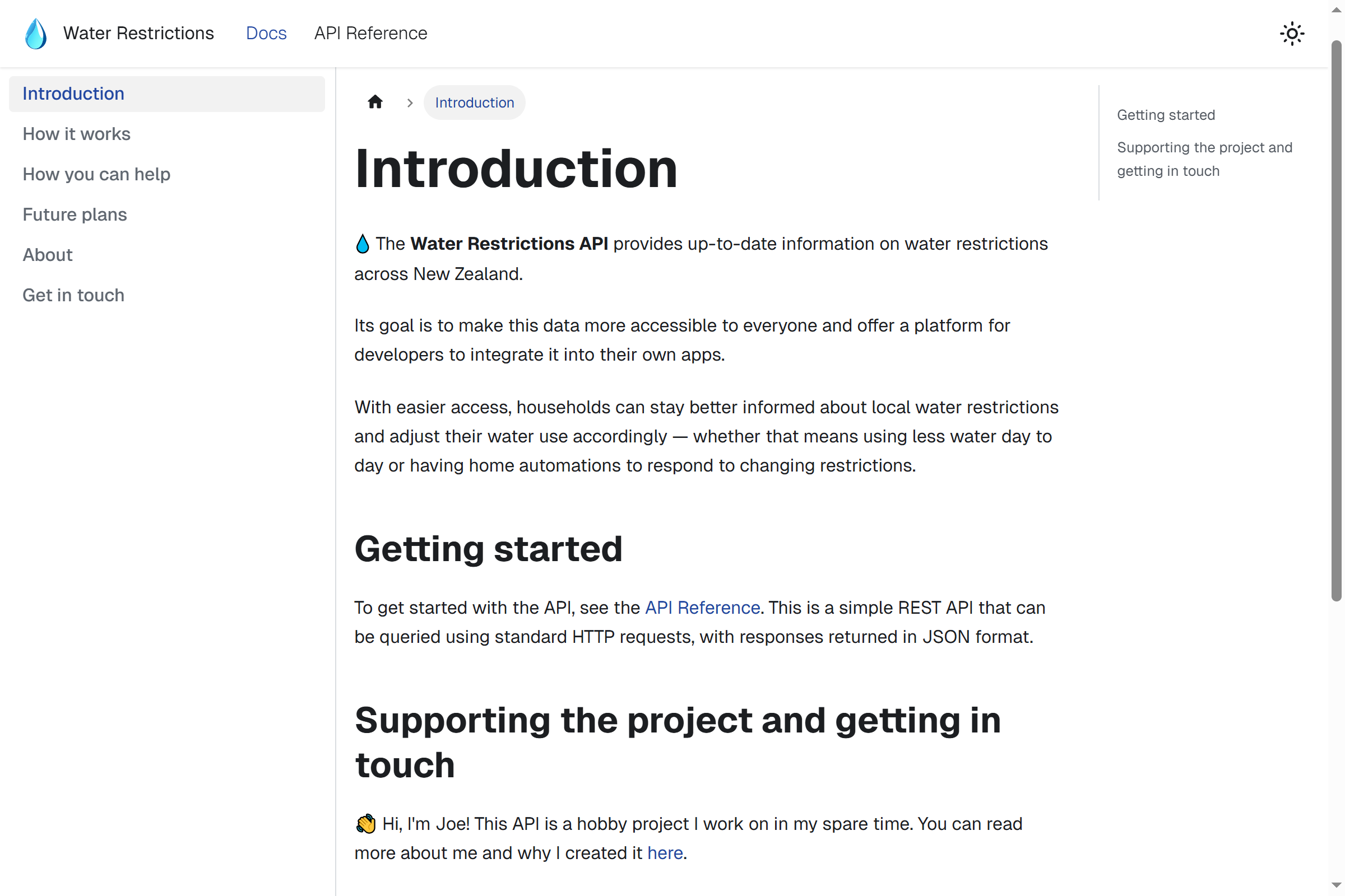 Introduction page of the Water Restrictions API docs