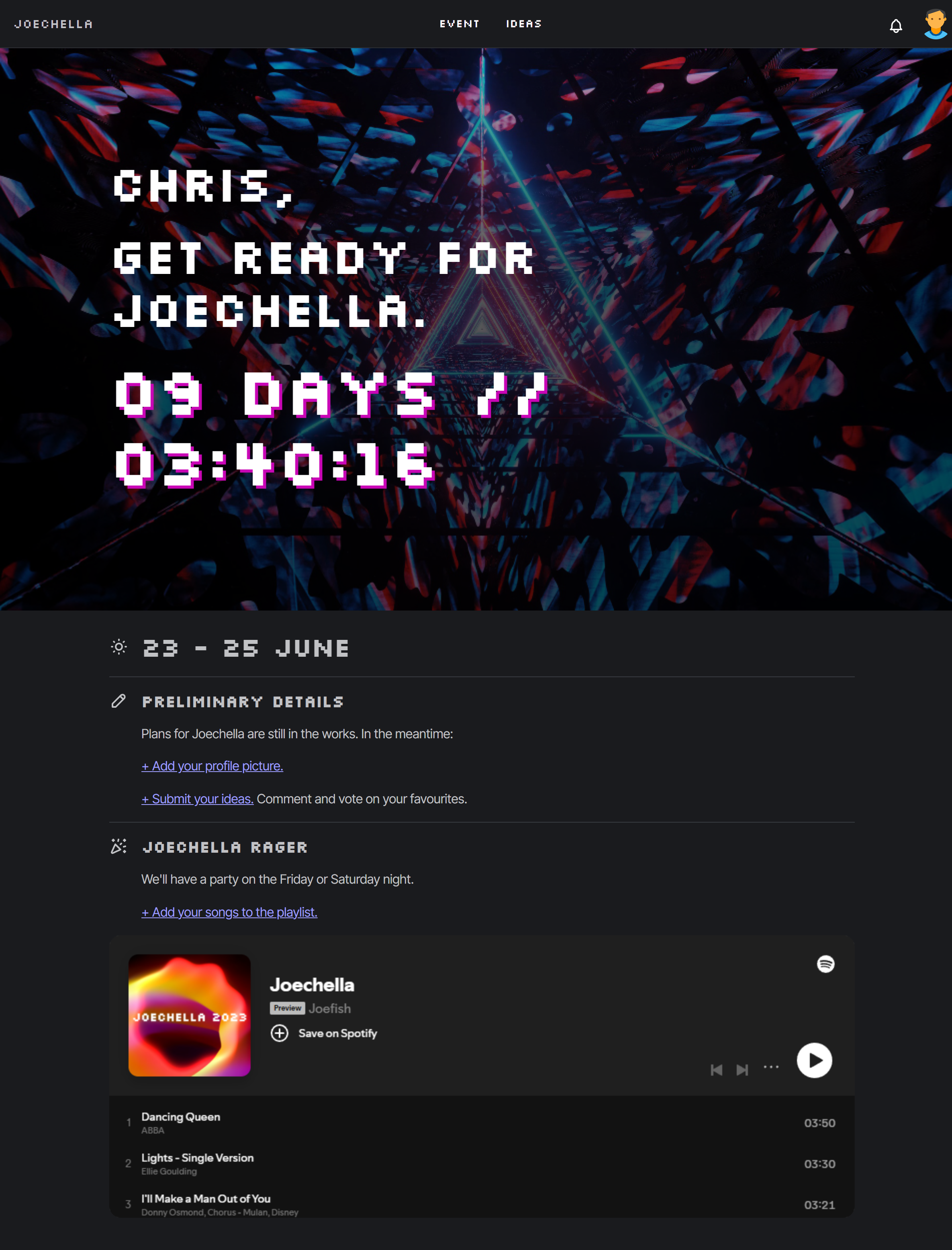 Joechella event page screenshot