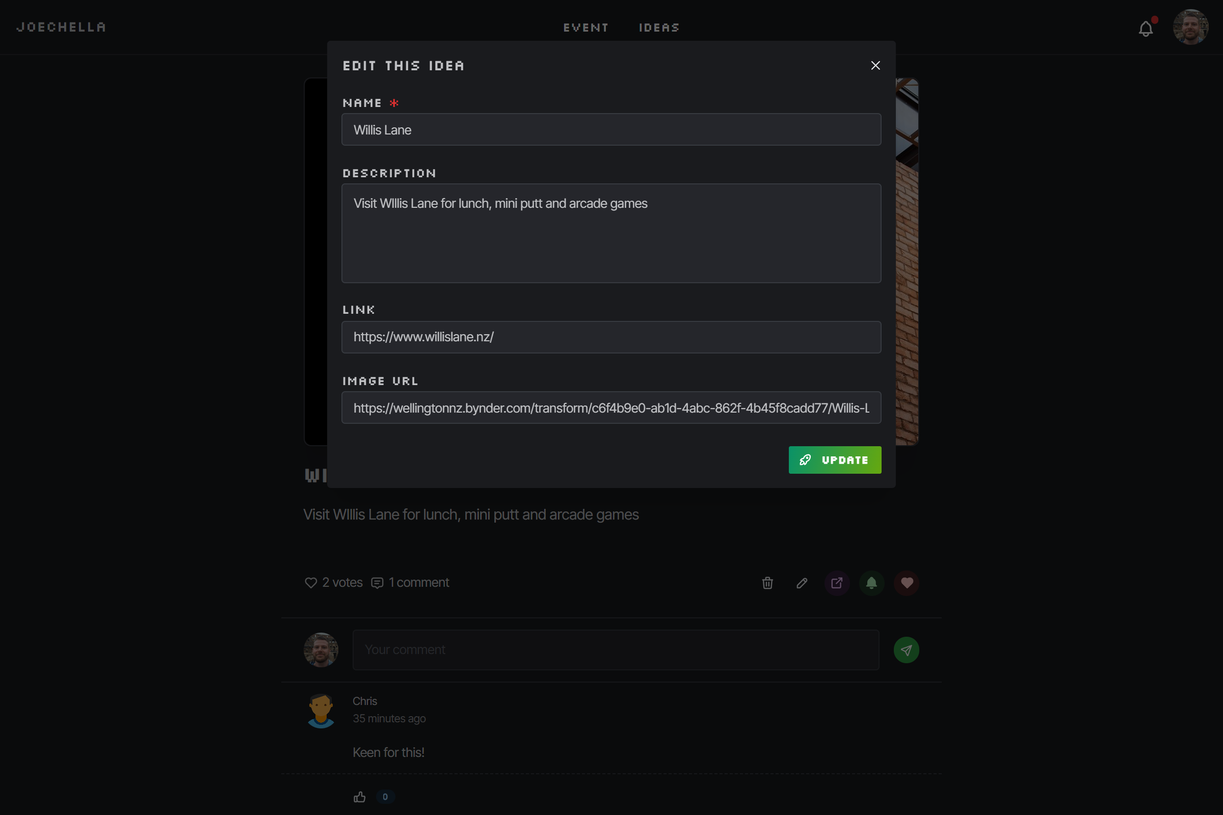 Joechella idea edit modal screenshot