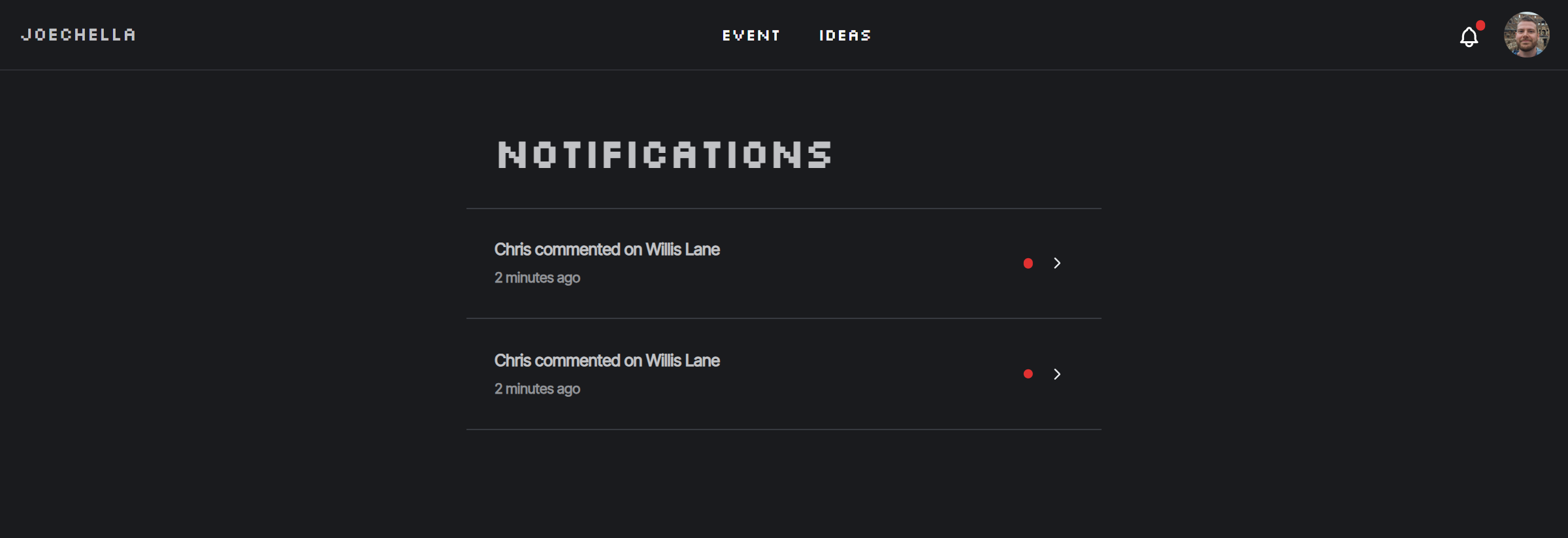 Joechella notifications page screenshot